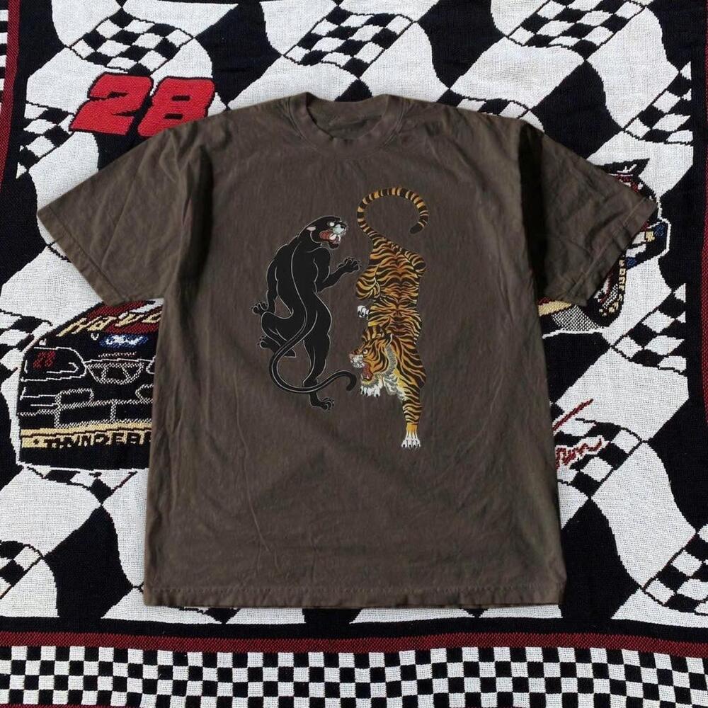 Brown  Embroidered Tiger And Monkey Graphic Tee